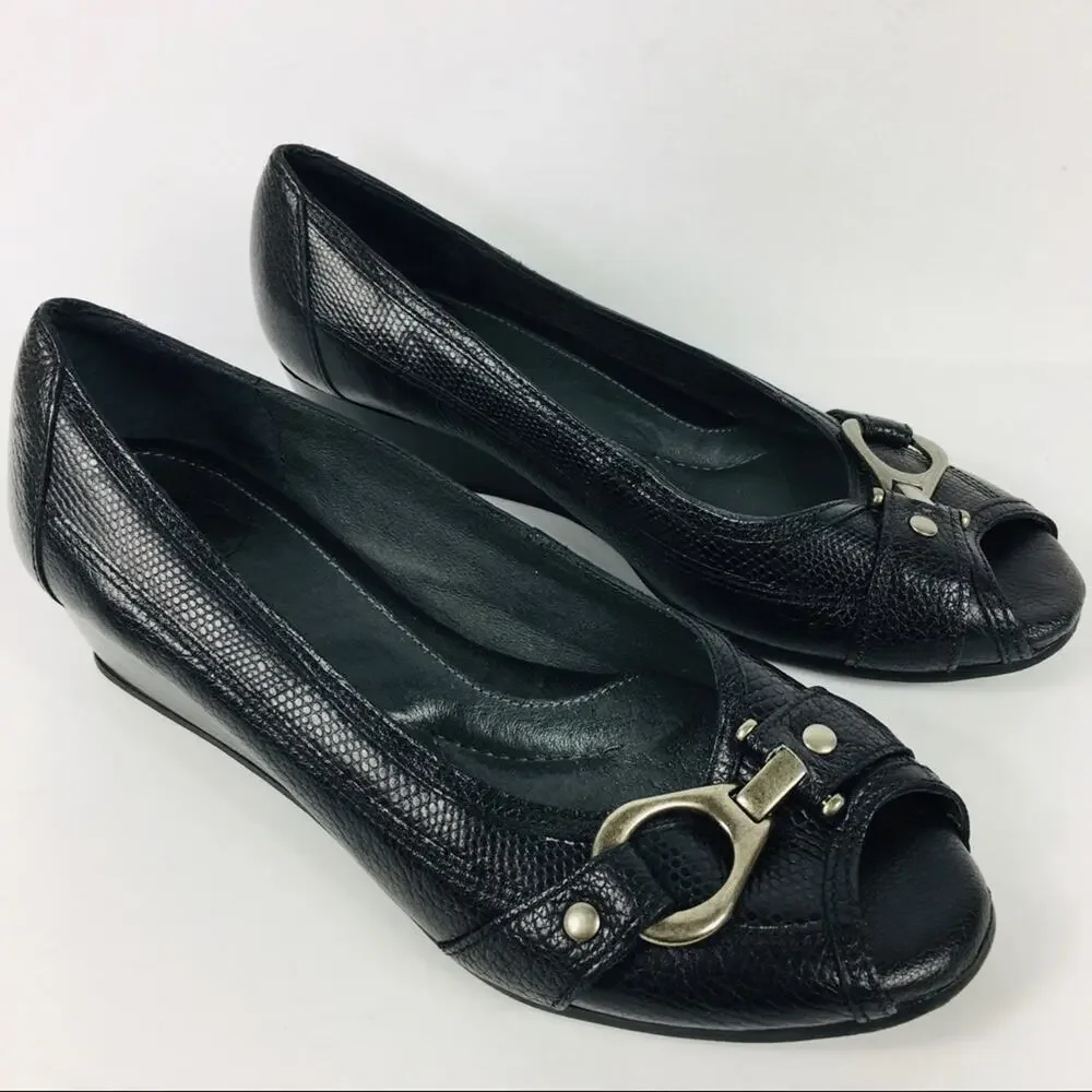 Nurture open toe wedge heel black leather size 6.5